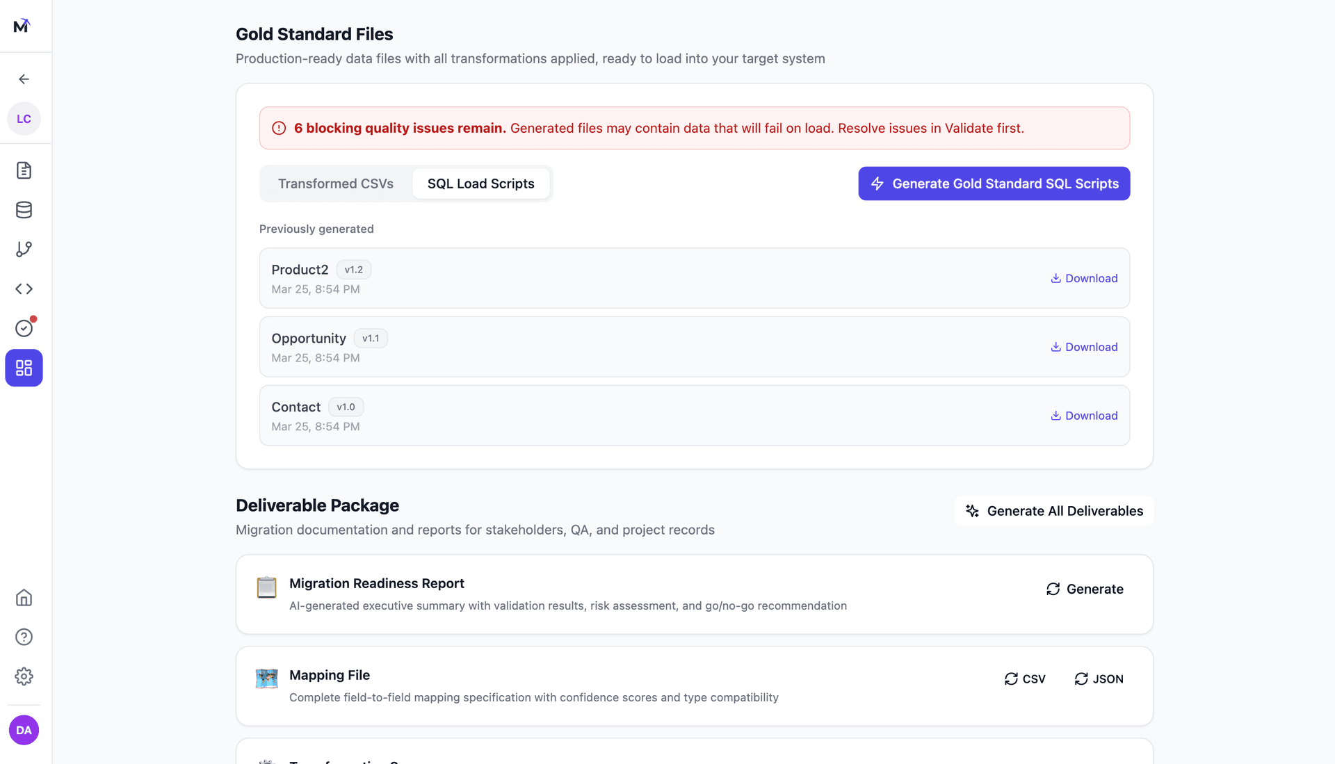 Settle migration center showing production-ready output files and migration status