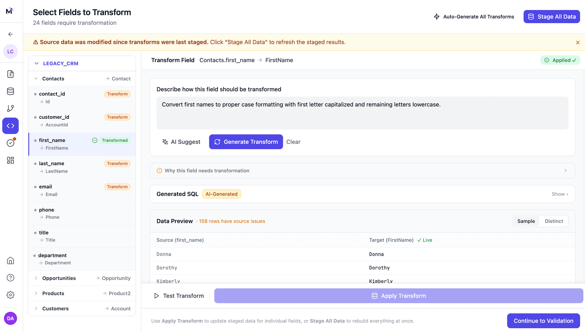 Settle transform editor with AI-suggested transformations and live data preview