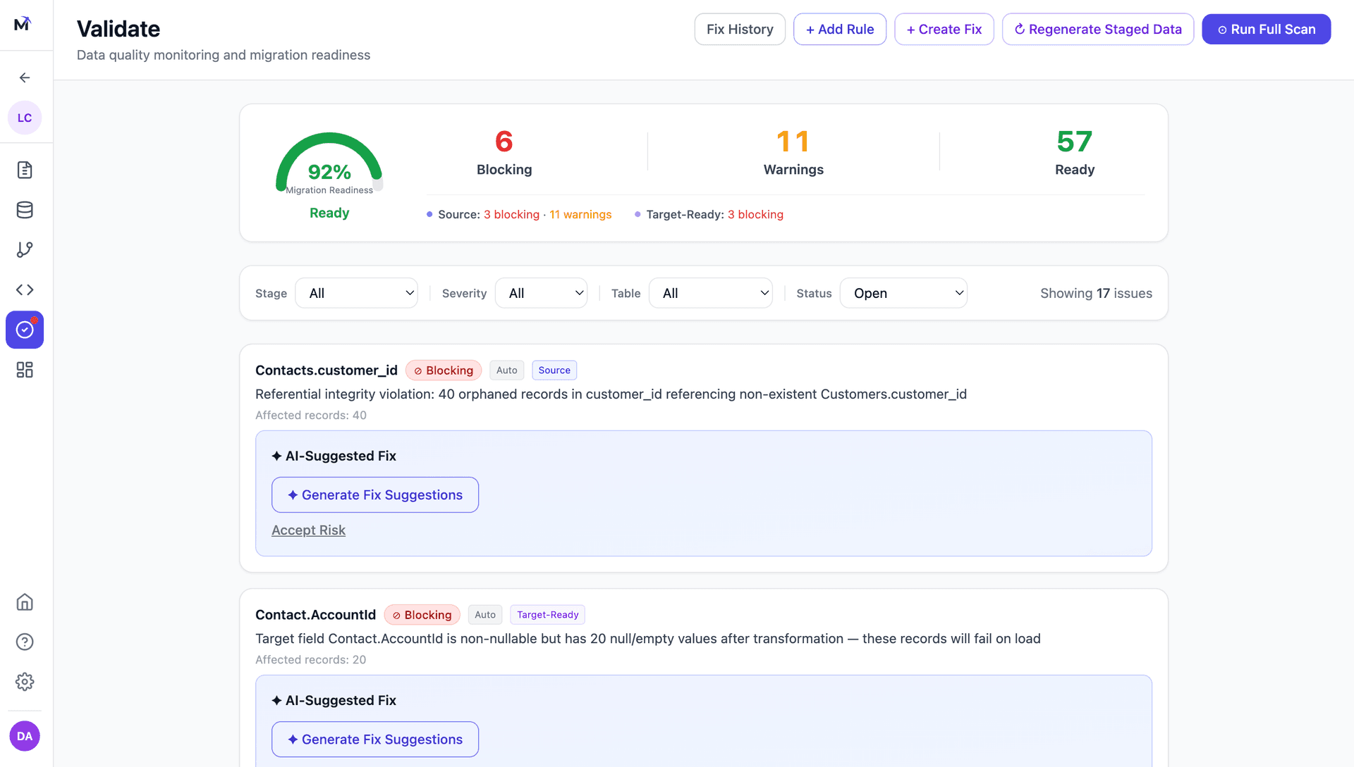 Settle validation dashboard with migration readiness score and AI-suggested fixes